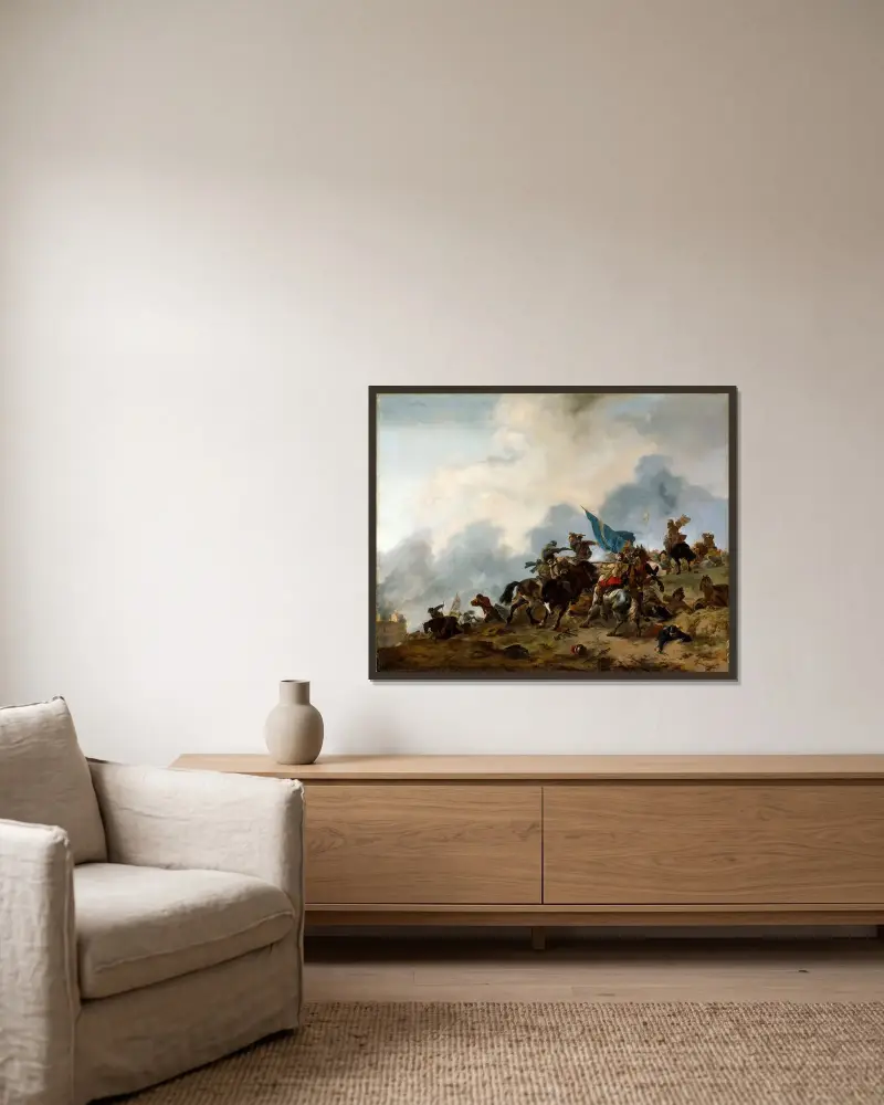 Schlachtszene, 1646 von Philips Wouwerman gerahmt an einer Wand