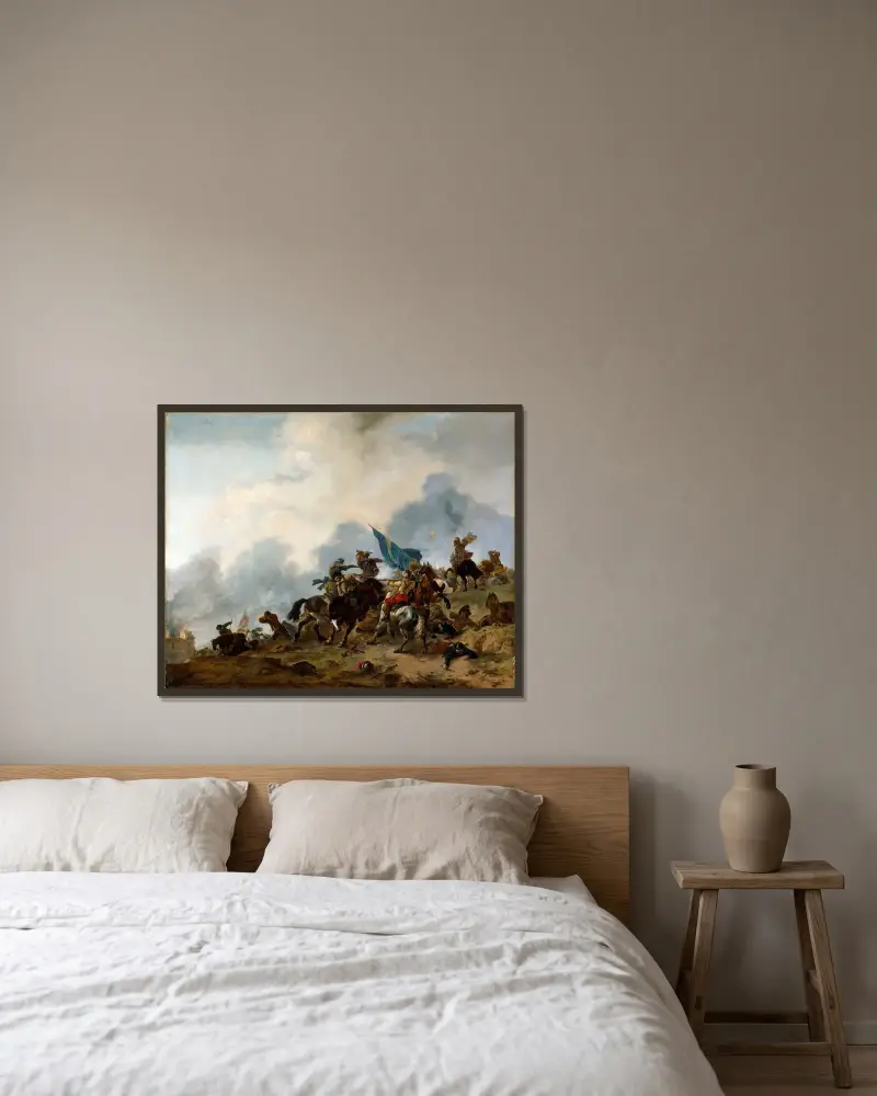 Schlachtszene, 1646 von Philips Wouwerman gerahmt an einer Wand