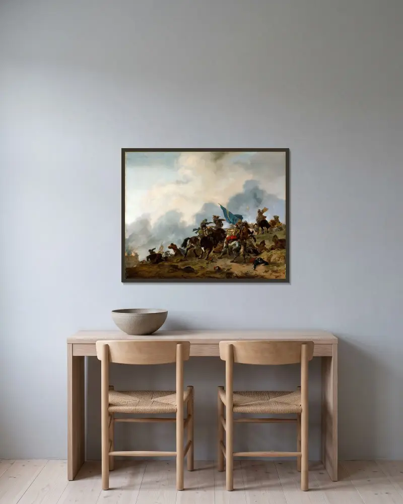 Schlachtszene, 1646 von Philips Wouwerman gerahmt an einer Wand
