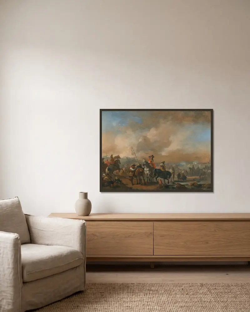 Kavallerie in Bewegung, eine Festung im Hintergrund belagert von Philips Wouwerman gerahmt an einer Wand