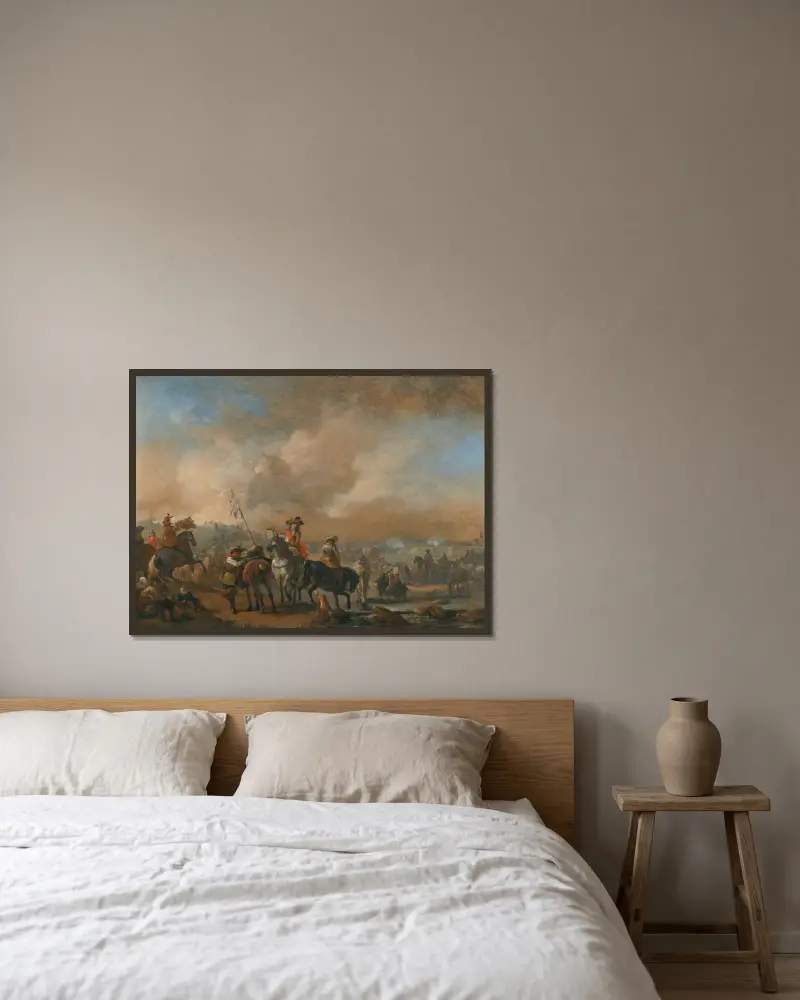 Kavallerie in Bewegung, eine Festung im Hintergrund belagert von Philips Wouwerman gerahmt an einer Wand