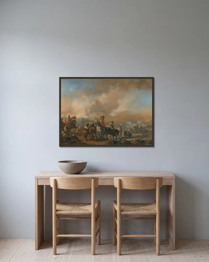 Kavallerie in Bewegung, eine Festung im Hintergrund belagert von Philips Wouwerman gerahmt an einer Wand