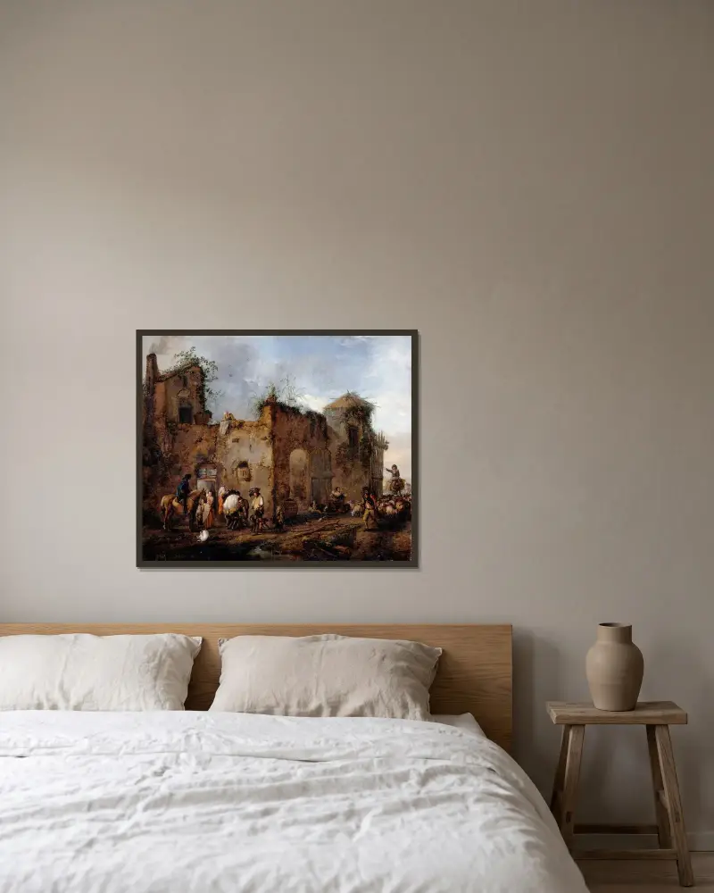 Hof mit einem Hufschmied, der ein Pferd beschlägt von Philips Wouwerman gerahmt an einer Wand