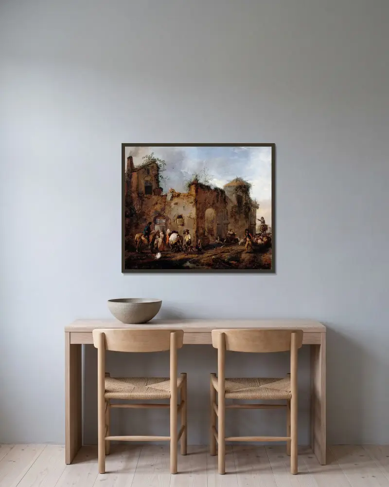 Hof mit einem Hufschmied, der ein Pferd beschlägt von Philips Wouwerman gerahmt an einer Wand