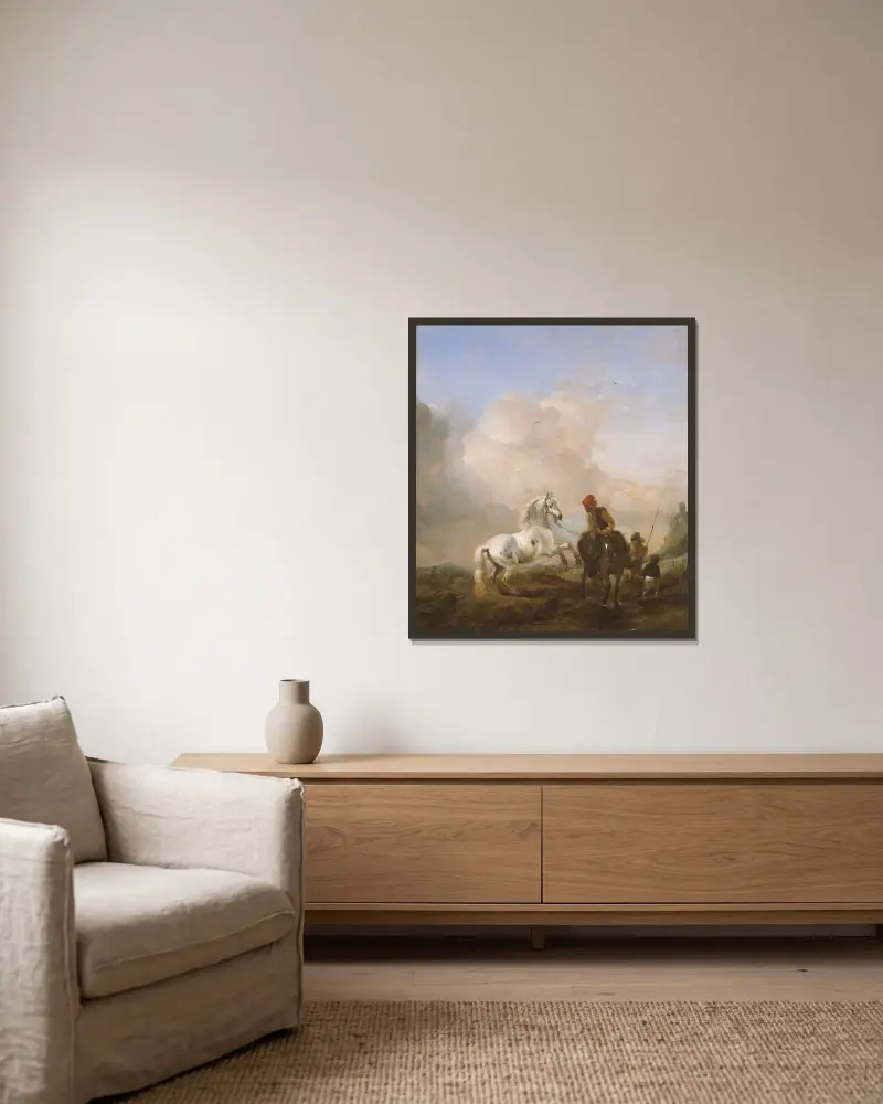 Der ungezähmte Schimmel von Philips Wouwerman gerahmt an einer Wand