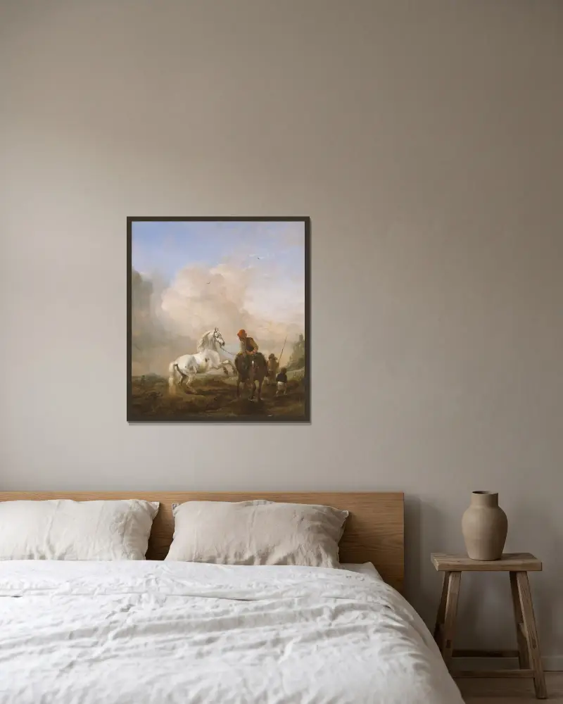 Der ungezähmte Schimmel von Philips Wouwerman gerahmt an einer Wand