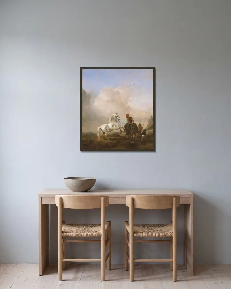 Der ungezähmte Schimmel von Philips Wouwerman gerahmt an einer Wand