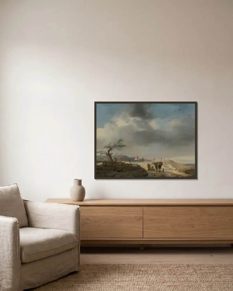 Krajina s dunami a postavami, Philips Wouwerman v rámu na stěně