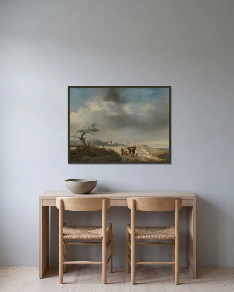 Krajina s dunami a postavami, Philips Wouwerman v rámu na stěně
