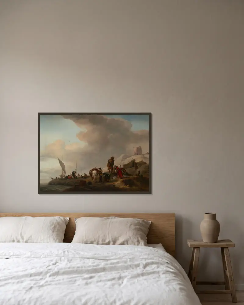 Fischer, die ihren Fang am Strand entladen von Philips Wouwerman gerahmt an einer Wand