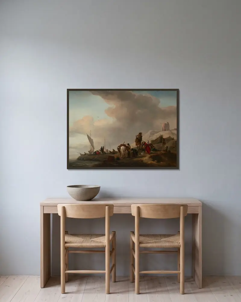 Fischer, die ihren Fang am Strand entladen von Philips Wouwerman gerahmt an einer Wand