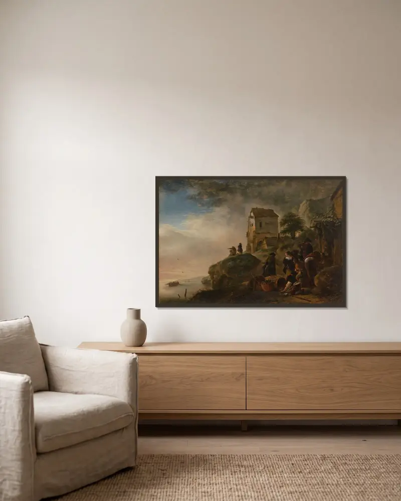 Fischer, die ihren Fang an einer felsigen Küste präsentieren von Philips Wouwerman gerahmt an einer Wand