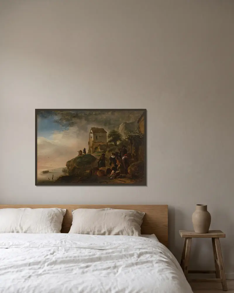 Fischer, die ihren Fang an einer felsigen Küste präsentieren von Philips Wouwerman gerahmt an einer Wand