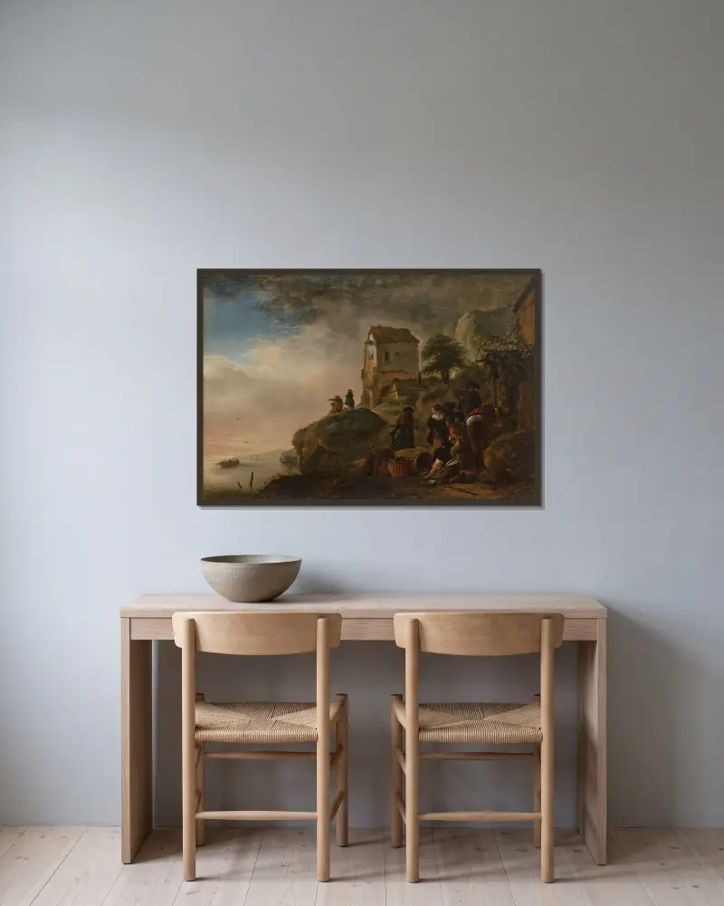 Fischer, die ihren Fang an einer felsigen Küste präsentieren von Philips Wouwerman gerahmt an einer Wand