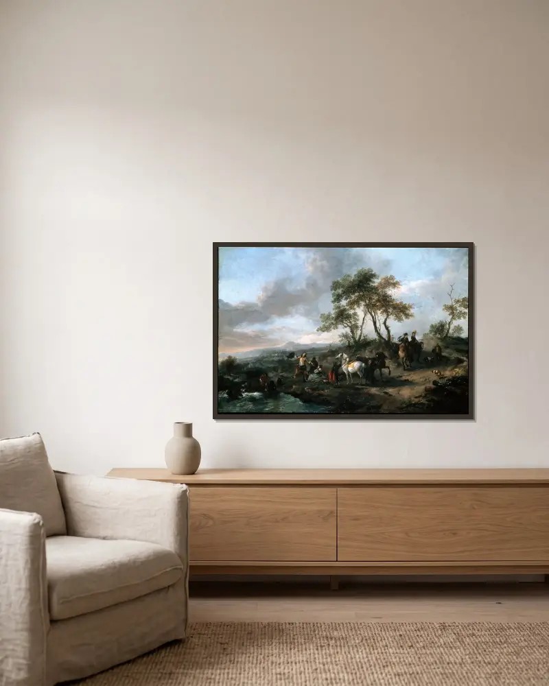 Halt einer Jagdgesellschaft von Philips Wouwerman gerahmt an einer Wand