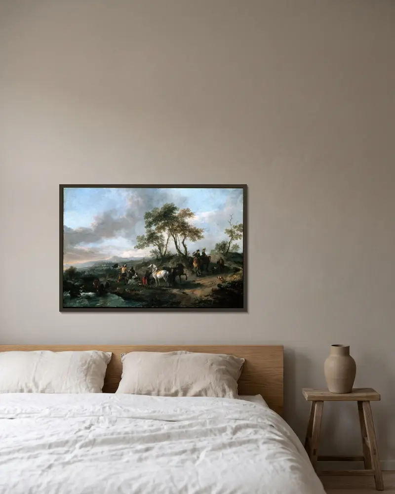 Halt einer Jagdgesellschaft von Philips Wouwerman gerahmt an einer Wand