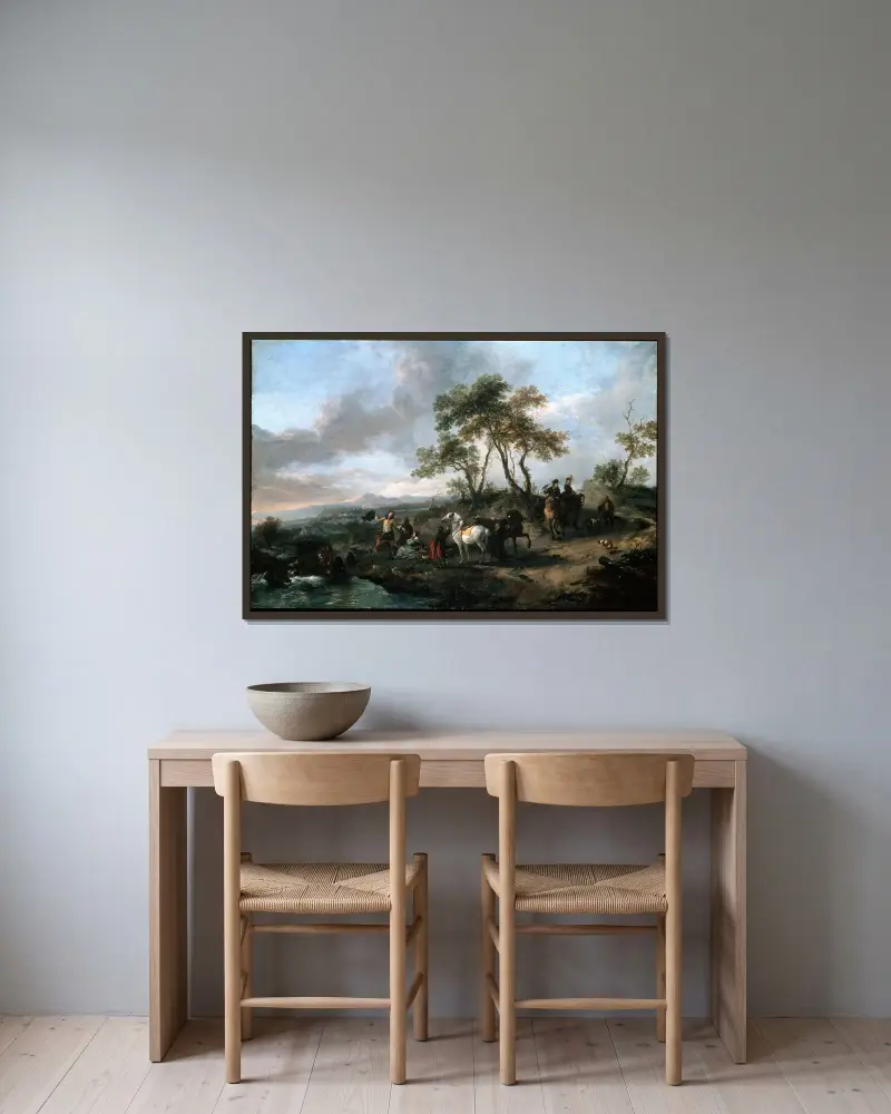 Halt einer Jagdgesellschaft von Philips Wouwerman gerahmt an einer Wand