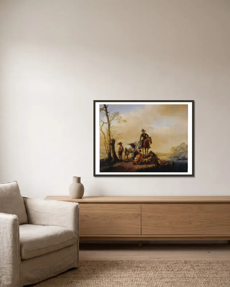 Rastende Jäger von Philips Wouwerman gerahmt an einer Wand