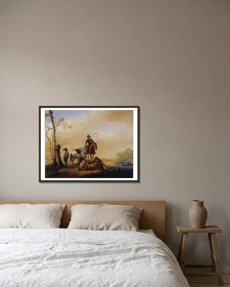 Rastende Jäger von Philips Wouwerman gerahmt an einer Wand