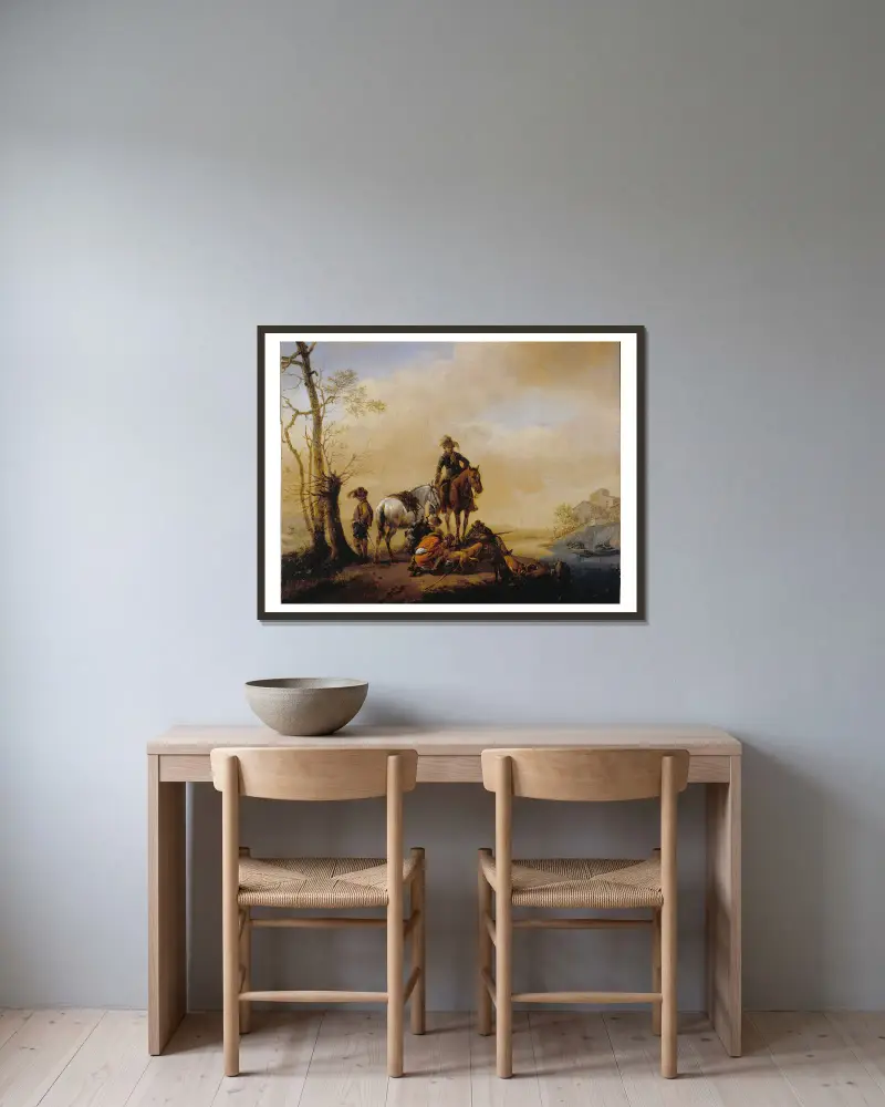 Rastende Jäger von Philips Wouwerman gerahmt an einer Wand