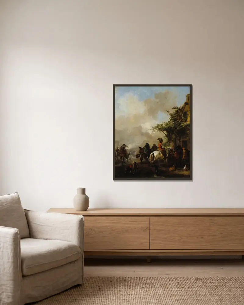 Ryttarsällskap av Philips Wouwerman inramad på en vägg