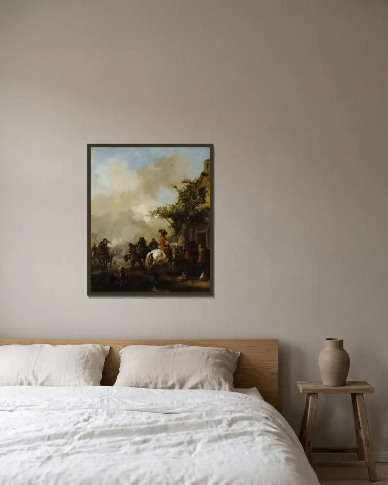 Ryttarsällskap av Philips Wouwerman inramad på en vägg
