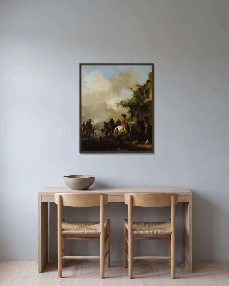 Ryttarsällskap av Philips Wouwerman inramad på en vägg