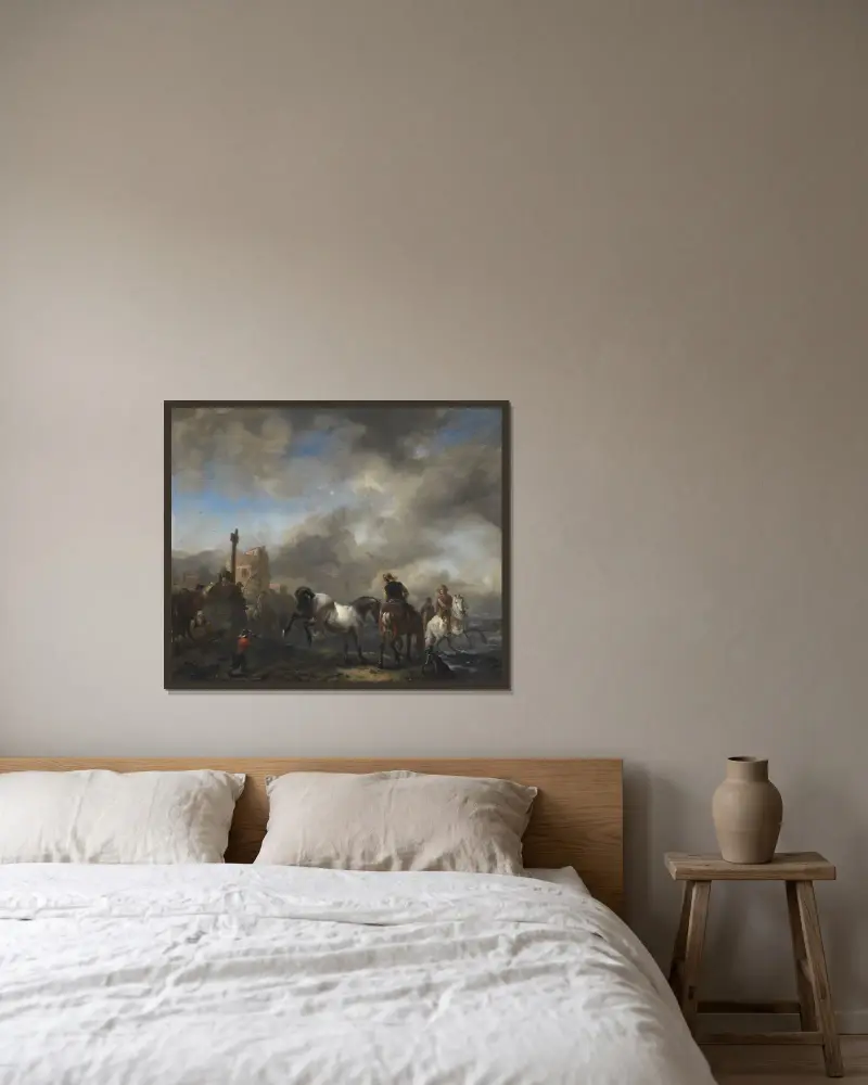 Pferdetränke an einem Grenzstein von Philips Wouwerman gerahmt an einer Wand