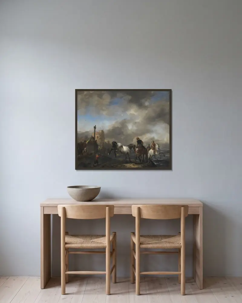 Pferdetränke an einem Grenzstein von Philips Wouwerman gerahmt an einer Wand