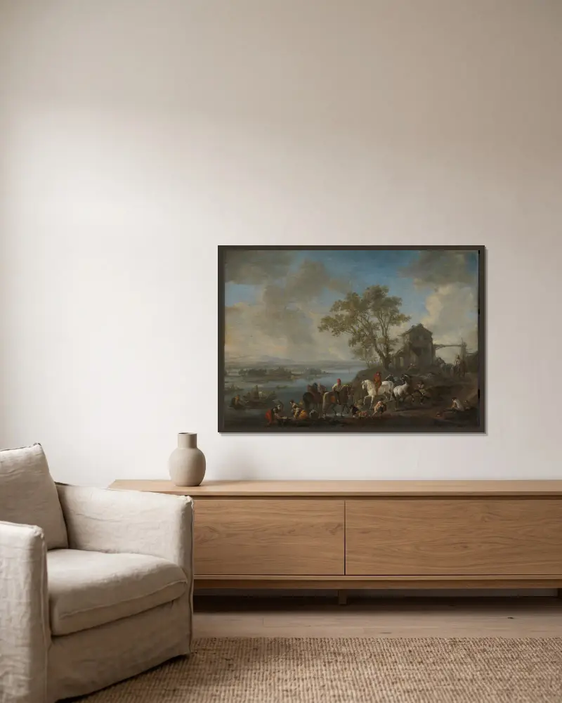 Horsepond on a River av Philips Wouwerman inramad på en vägg