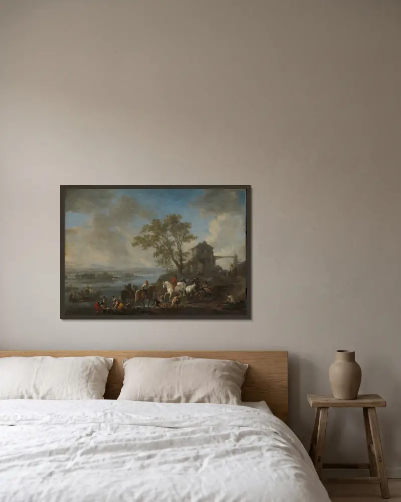 Horsepond on a River av Philips Wouwerman inramad på en vägg