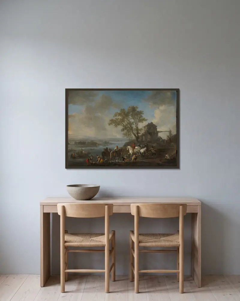 Horsepond on a River av Philips Wouwerman inramad på en vägg