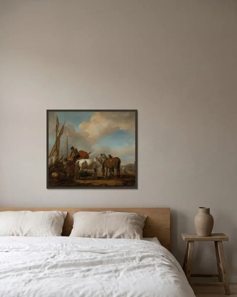 Pferde in einer Landschaft mit Figuren, die Ballen auf ein Boot laden von Philips Wouwerman gerahmt an einer Wand