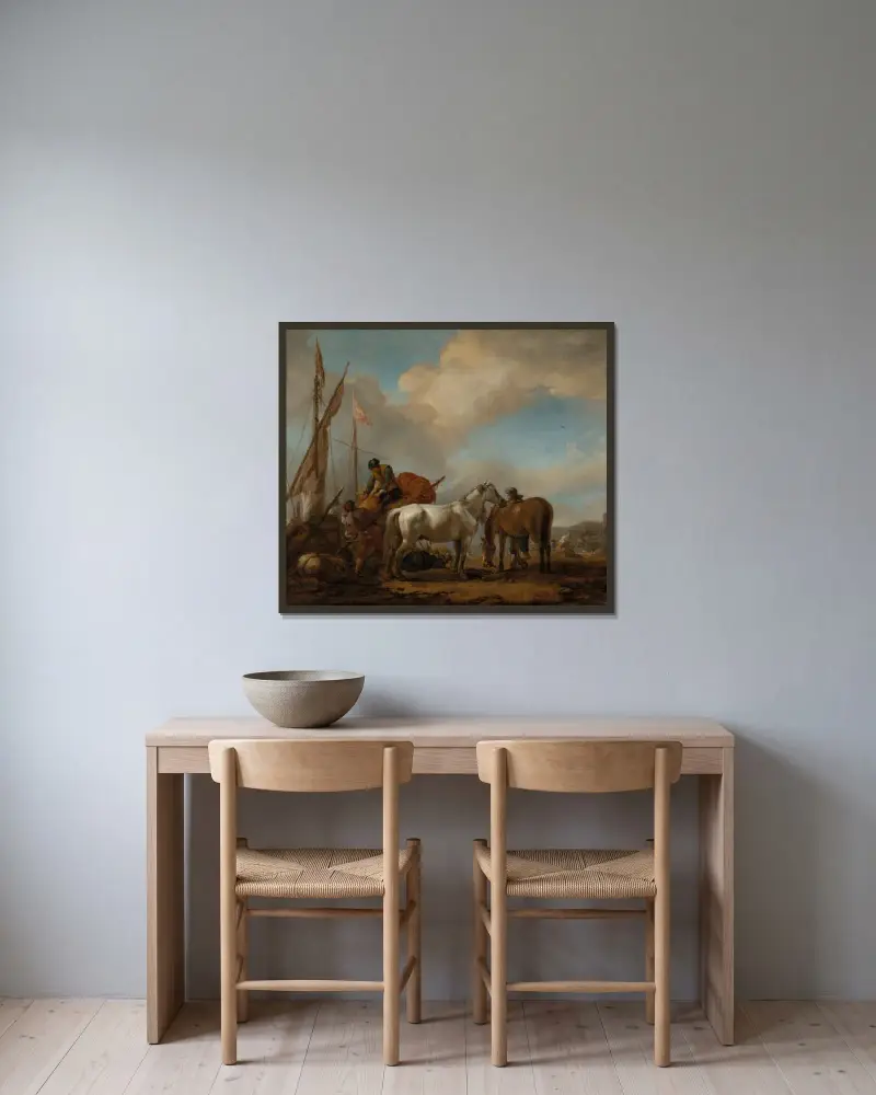Pferde in einer Landschaft mit Figuren, die Ballen auf ein Boot laden von Philips Wouwerman gerahmt an einer Wand