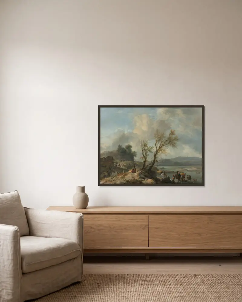 Landschaft mit sandigem Weg an einem Fluss von Philips Wouwerman gerahmt an einer Wand