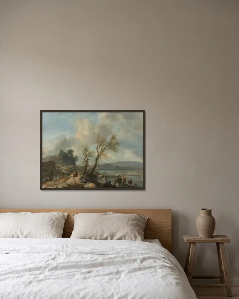 Landschaft mit sandigem Weg an einem Fluss von Philips Wouwerman gerahmt an einer Wand