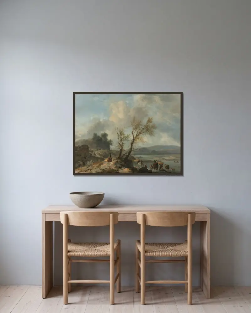 Landschaft mit sandigem Weg an einem Fluss von Philips Wouwerman gerahmt an einer Wand