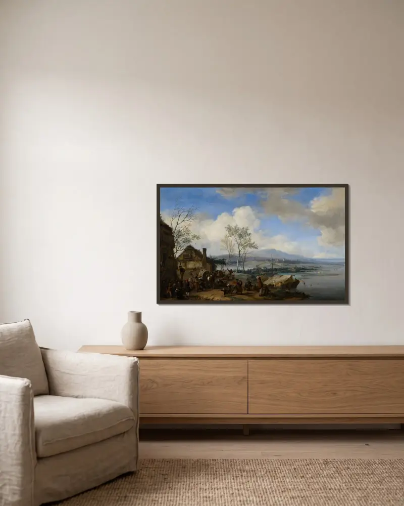 Wesołe i hałaśliwe chłopstwo w karczmie, Philips Wouwerman w ramie na ścianie