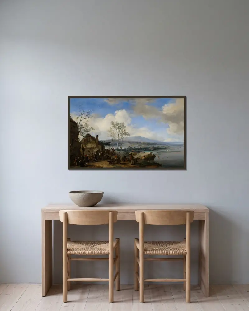 Wesołe i hałaśliwe chłopstwo w karczmie, Philips Wouwerman w ramie na ścianie