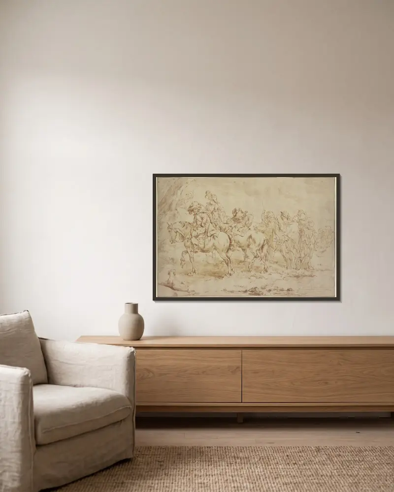 Reiter an einem Bache vorüberziehend av Philips Wouwerman inramad på en vägg