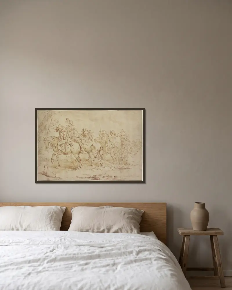 Reiter an einem Bache vorüberziehend av Philips Wouwerman inramad på en vägg