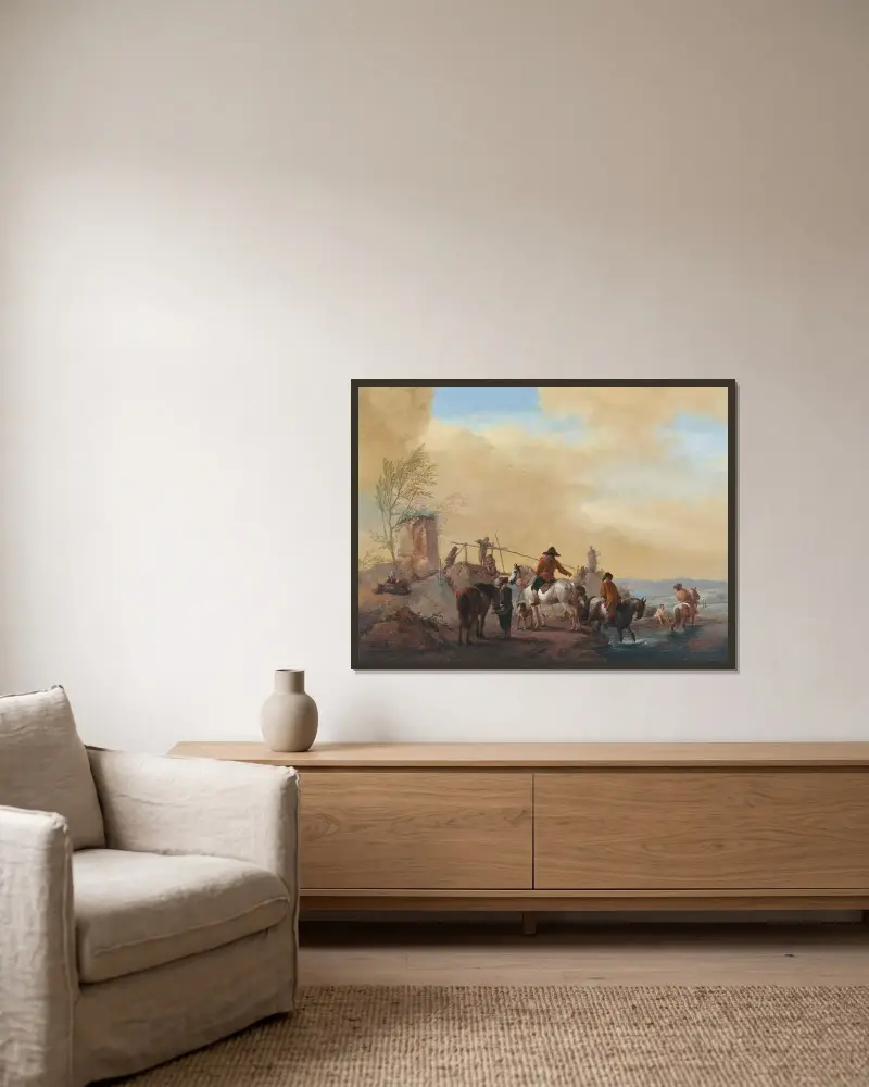 Reiter und rastende Pferde an einem Fluss von Philips Wouwerman gerahmt an einer Wand