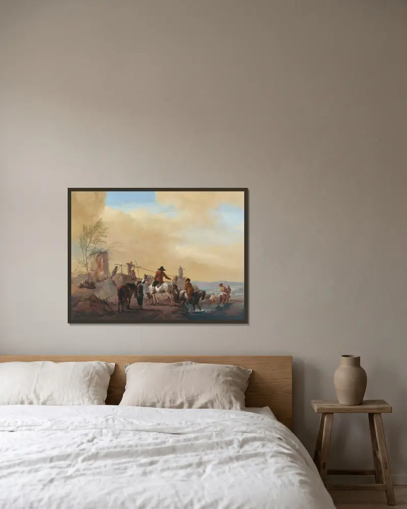 Reiter und rastende Pferde an einem Fluss von Philips Wouwerman gerahmt an einer Wand