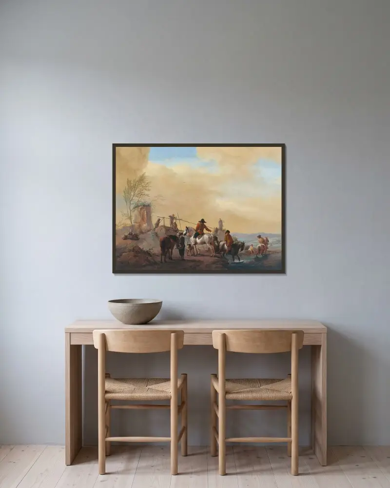 Reiter und rastende Pferde an einem Fluss von Philips Wouwerman gerahmt an einer Wand