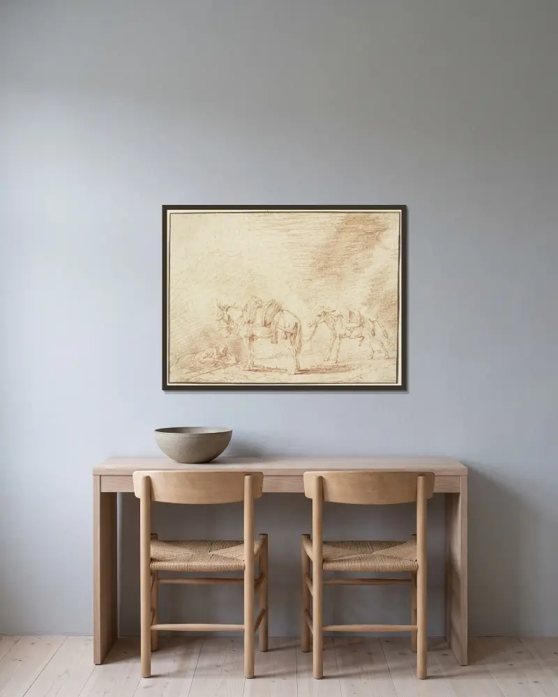 Ruhender Mann bei zwei Eseln av Philips Wouwerman inramad på en vägg