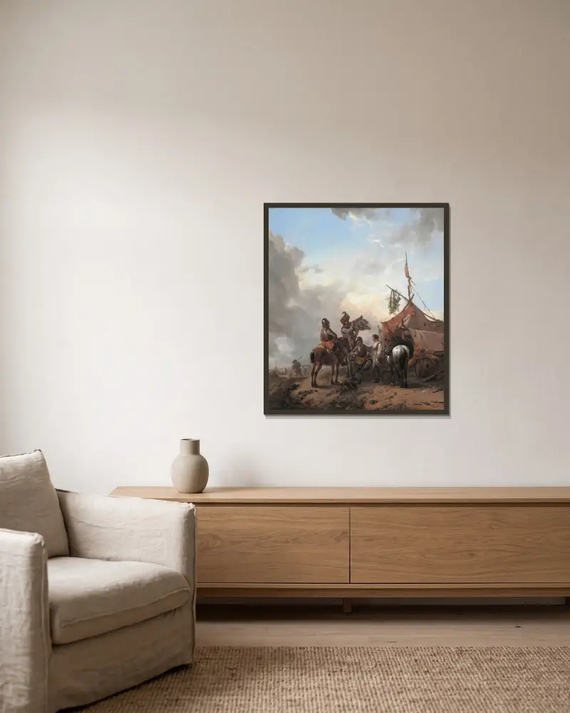 Soldater som rumlar med en serverande kvinna utanför ett tält av Philips Wouwerman inramad på en vägg