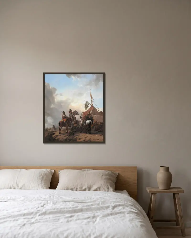 Soldater som rumlar med en serverande kvinna utanför ett tält av Philips Wouwerman inramad på en vägg