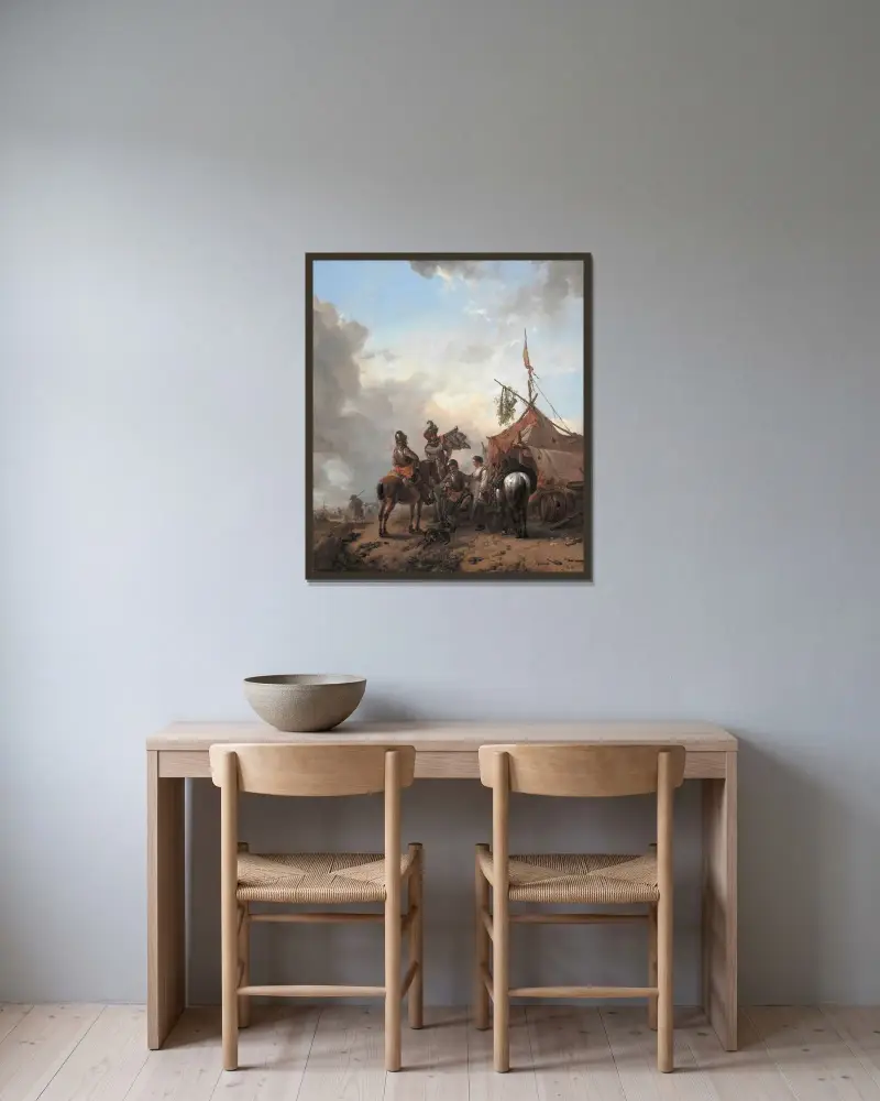 Soldater som rumlar med en serverande kvinna utanför ett tält av Philips Wouwerman inramad på en vägg