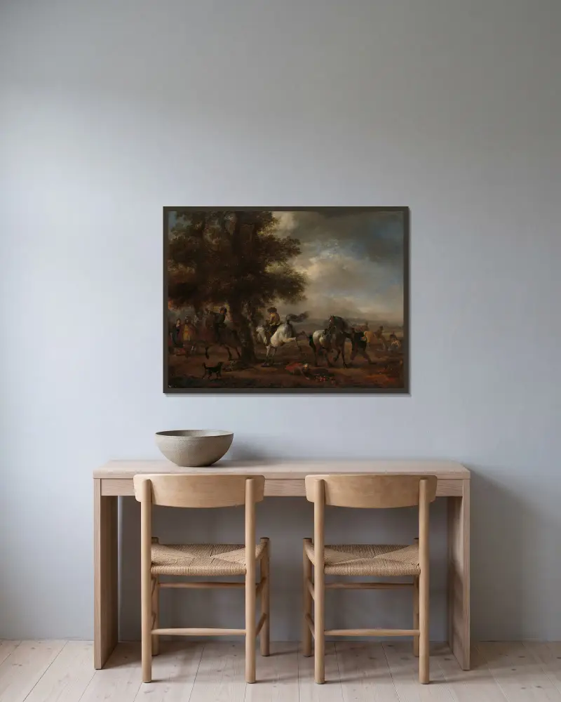 Der sich aufbäumende Schimmel von Philips Wouwerman gerahmt an einer Wand