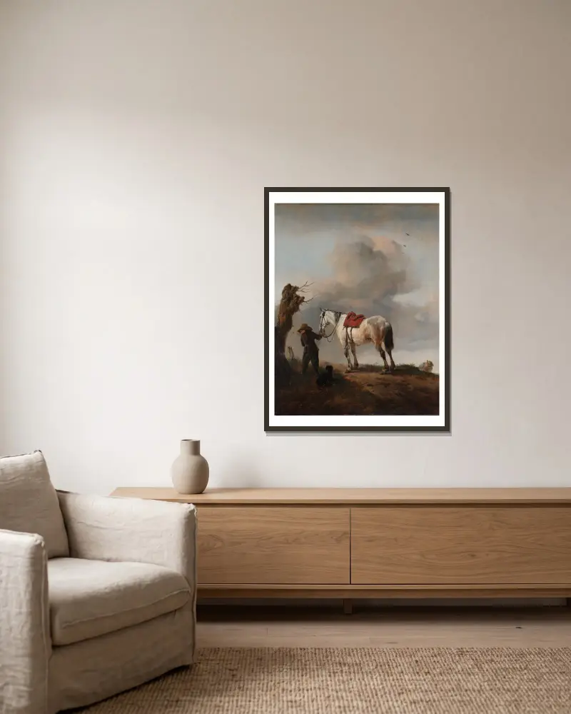 Der graue Hengst von Philips Wouwerman gerahmt an einer Wand